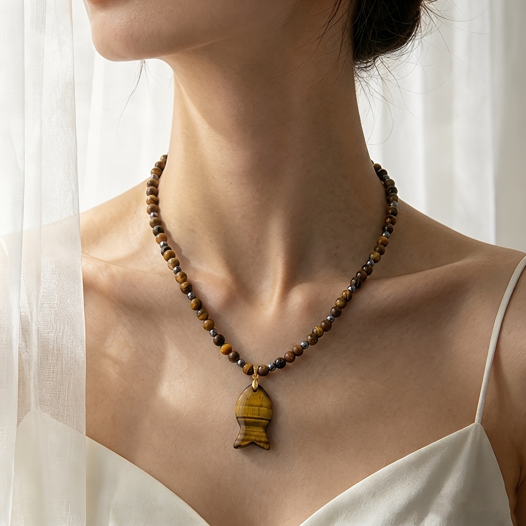 Natural Tiger's Eye Round Bead Necklace with Fish-Shaped Pendant